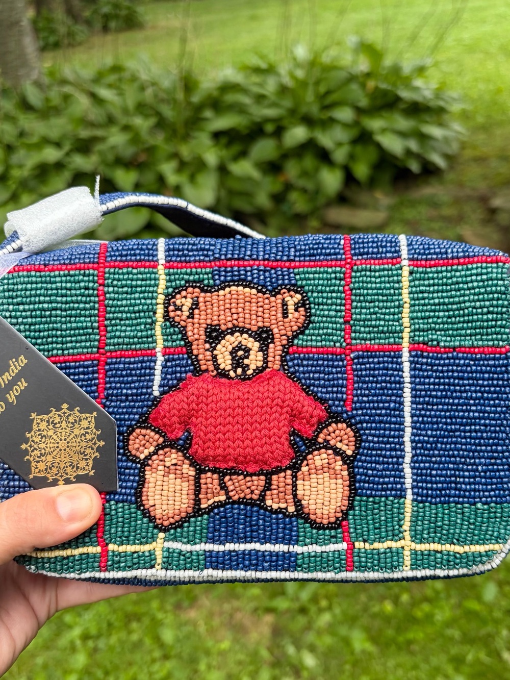 NWT: VIRAL TikTok Beaded Bag Plaid Teddy Bear in Knit Sweater. From India to You